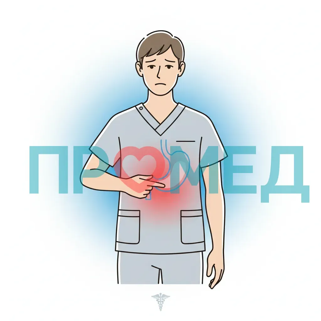 Изображение человека, указывающего на область живота, иллюстрирующее локализацию боли в эпигастрий - один из ключевых симптомов аденокарциномы желудка.