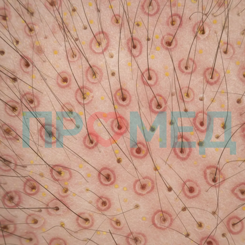 Крупный план кожи головы, сделанный трихоскопом, демонстрирующий признаки андрогенетической алопеций: миниатюризированные волосы различного диаметра, желтые точки и перипилярное воспаление.