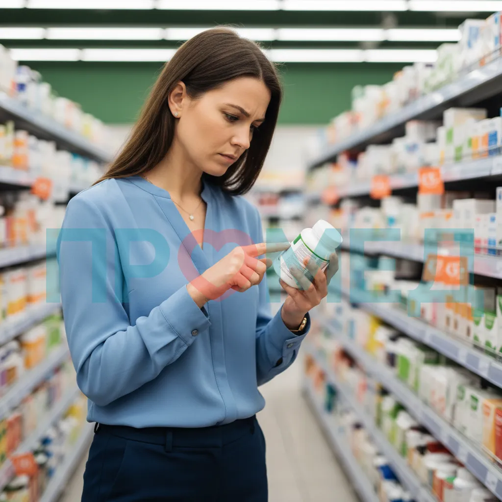 Женщина внимательно читает этикетку продукта в магазине.