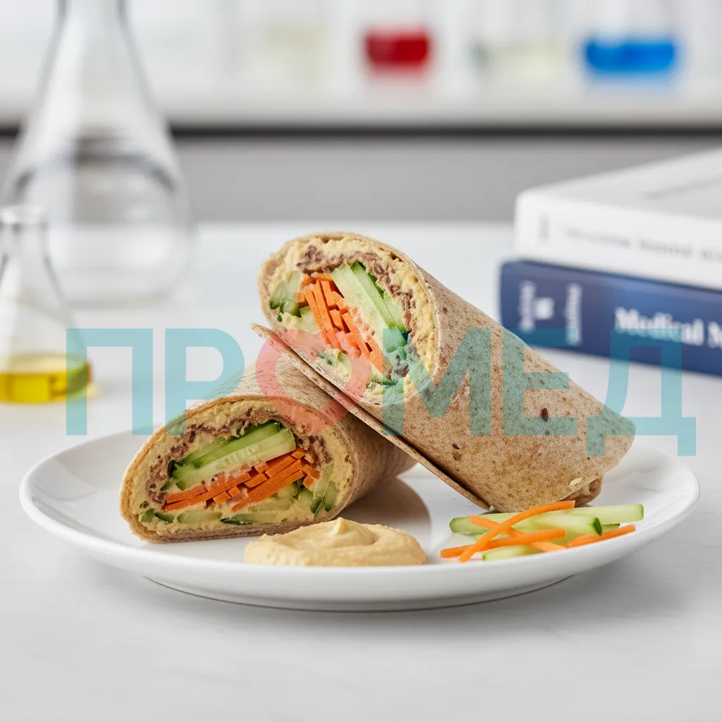 Цельнозерновой ролл с хумусом, морковью и огурцом.