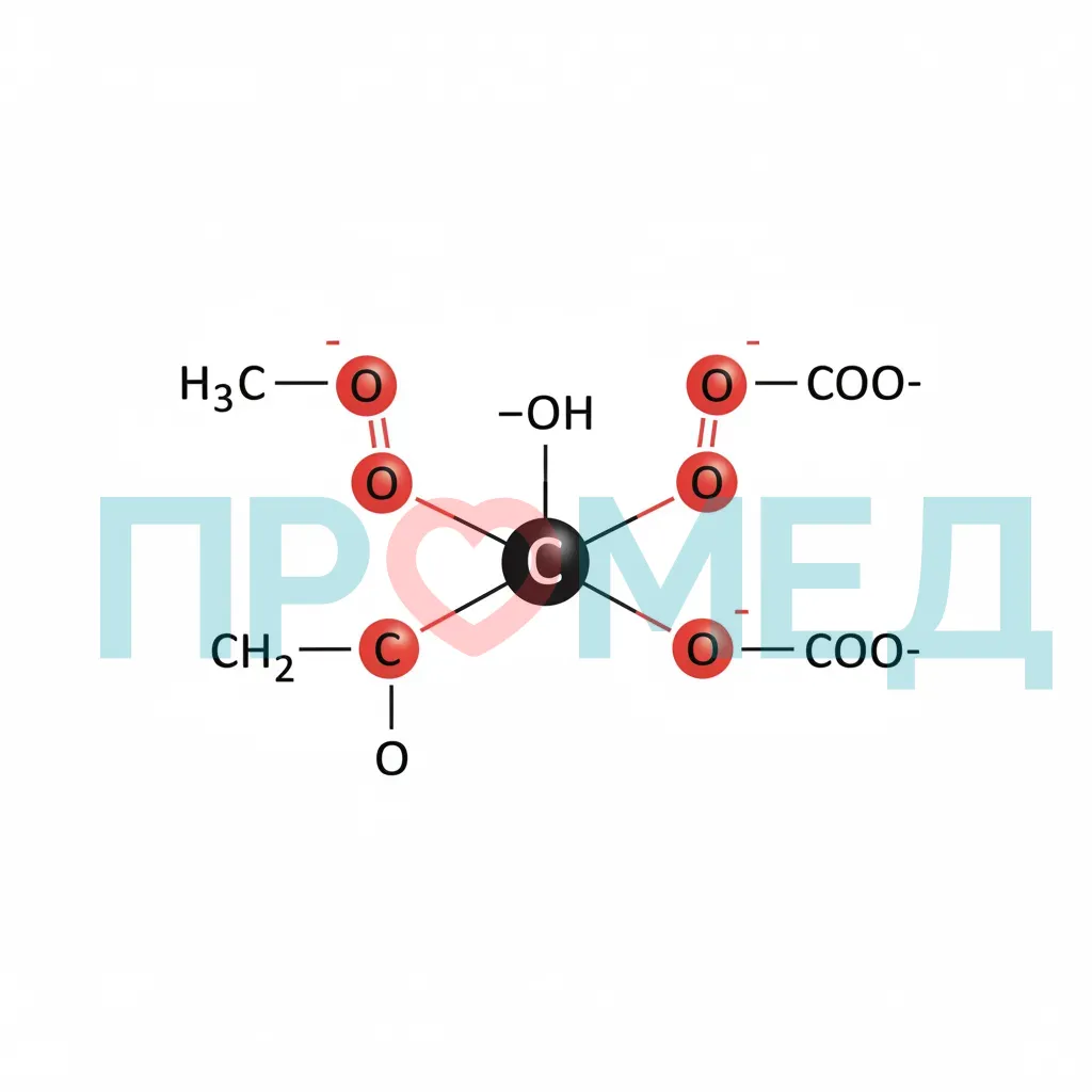 Структурная формула аниона цитрата: СН2(СОО-)-С(ОН)(СОО-)-СН2(СОО-).