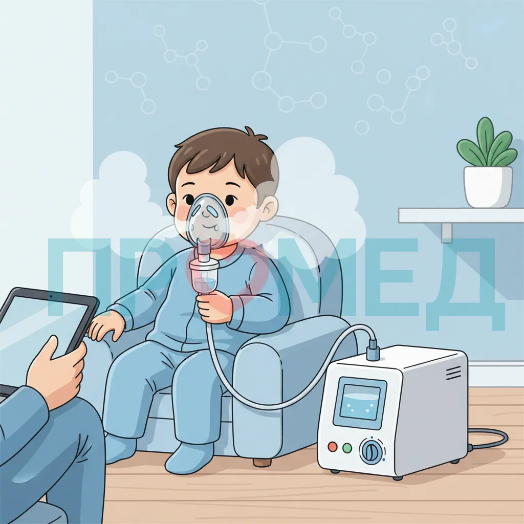 Ребенок получает ингаляционную терапию через небулаизер