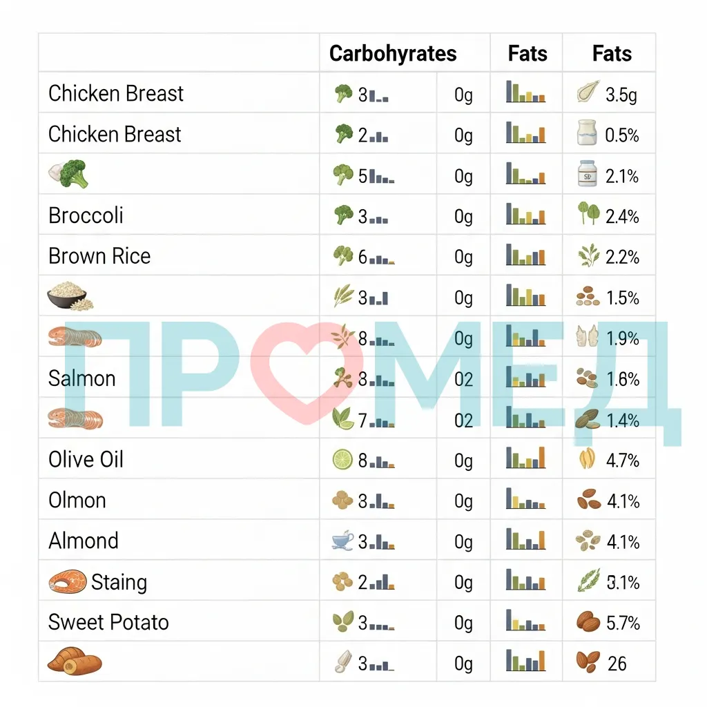 Таблица с различными продуктами и их содержанием макронутриентов.