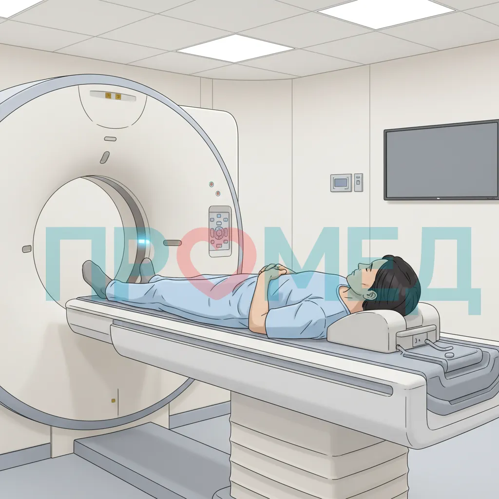 Пациент лежит на столе для КТ исследования