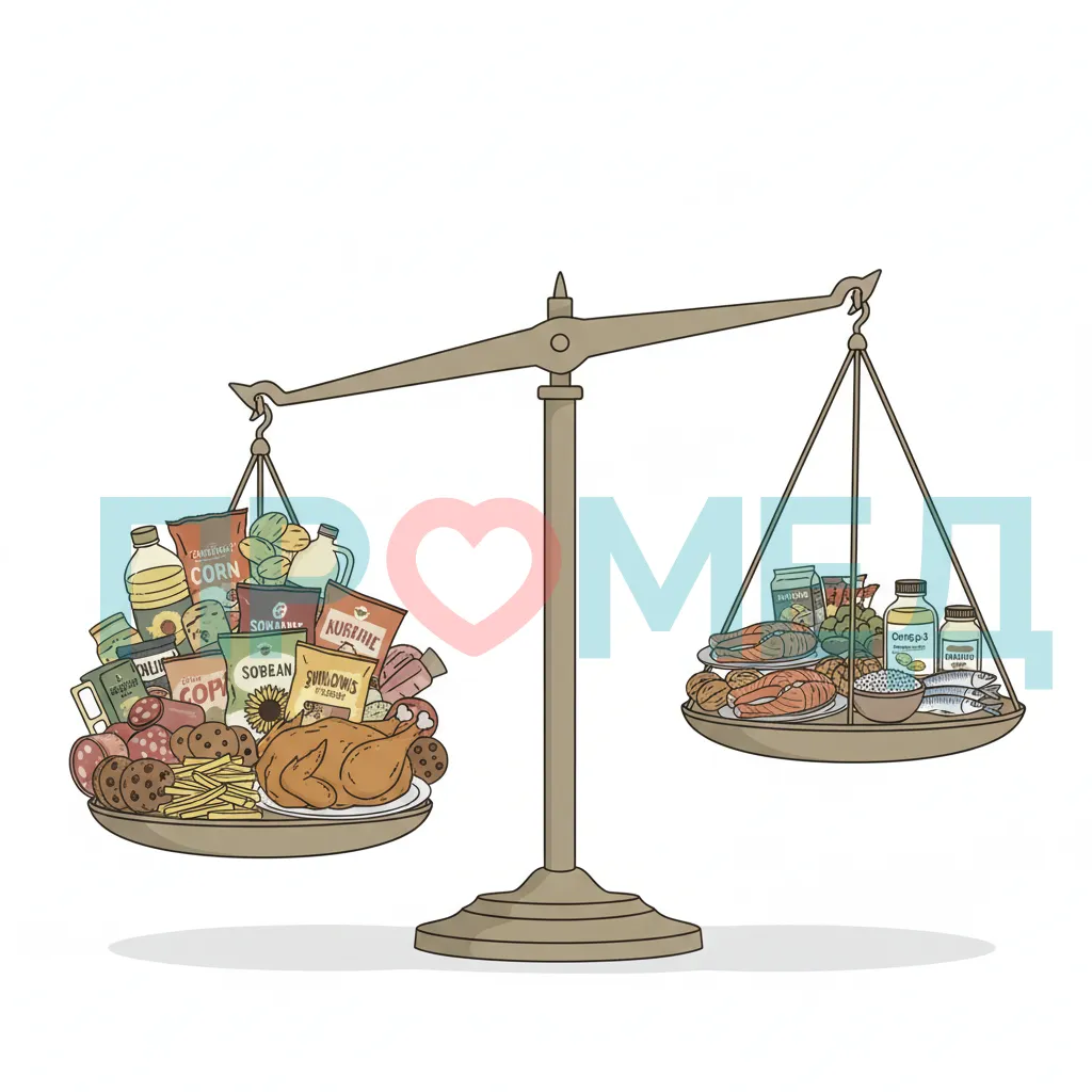 Весы, на одной чаше которых много продуктов с Омега-6, а на другой - мало продуктов с Омега-3, показывающие дисбаланс