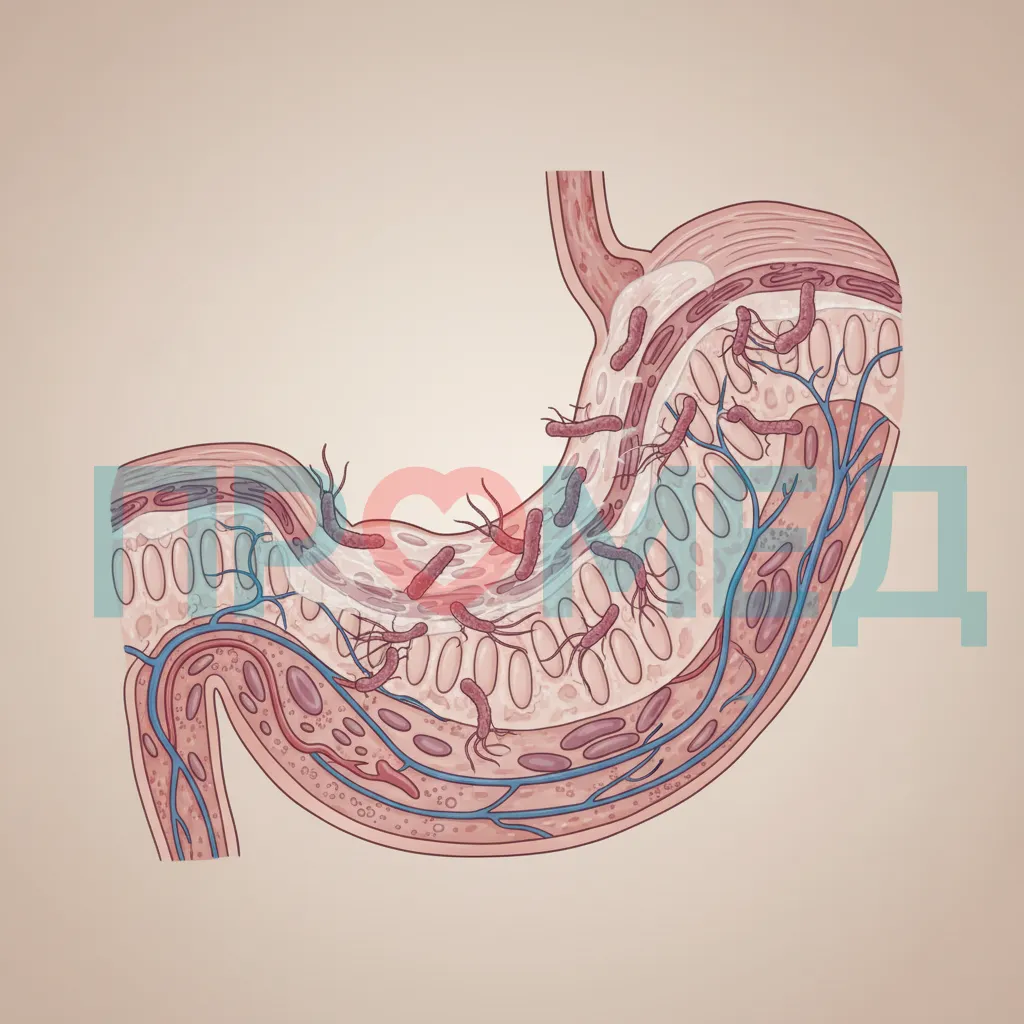 Схематическое изображение бактерии Helicobacter pylori в желудке
