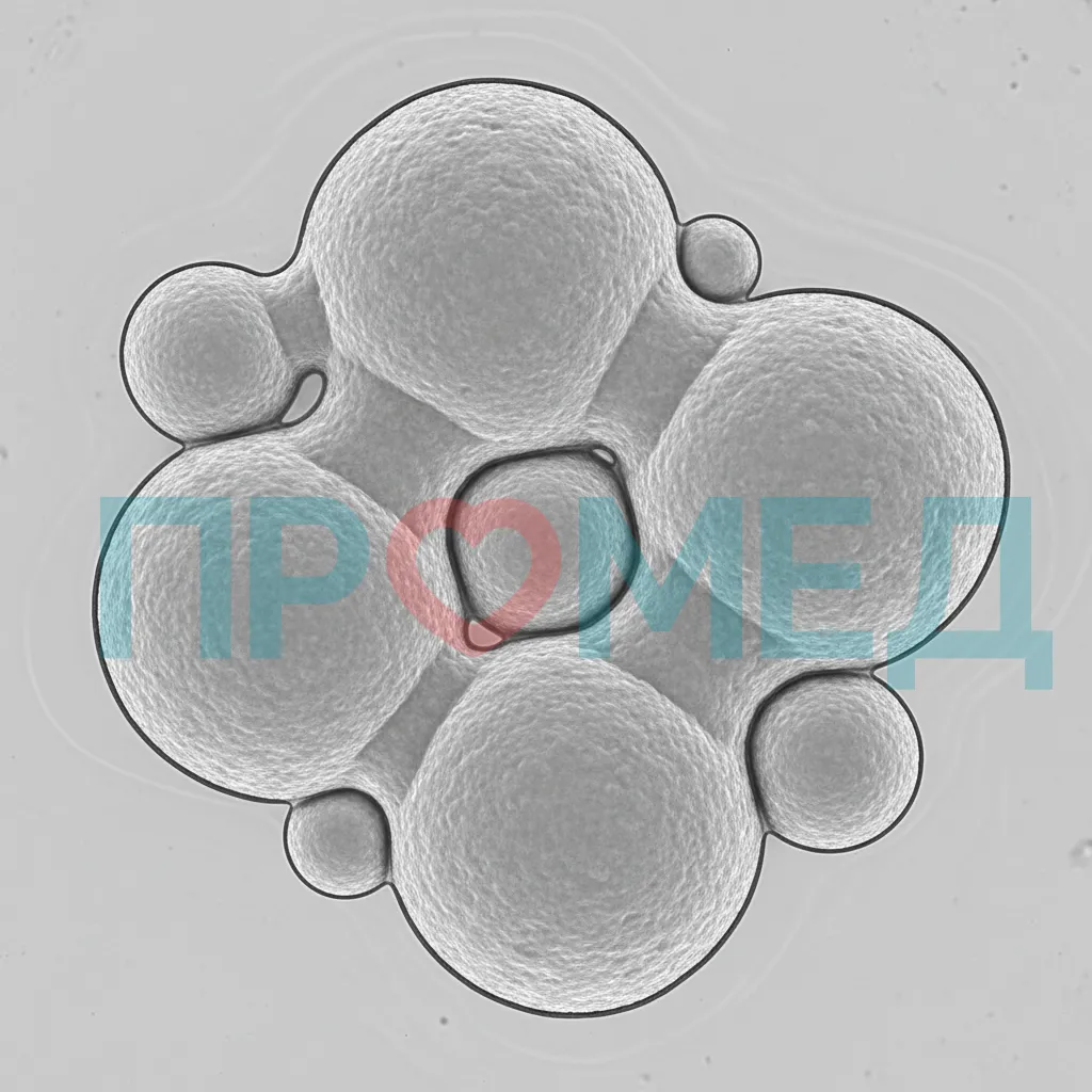 Микроскопия дрожжевых клеток Blastomyces с широким основанием почкования
