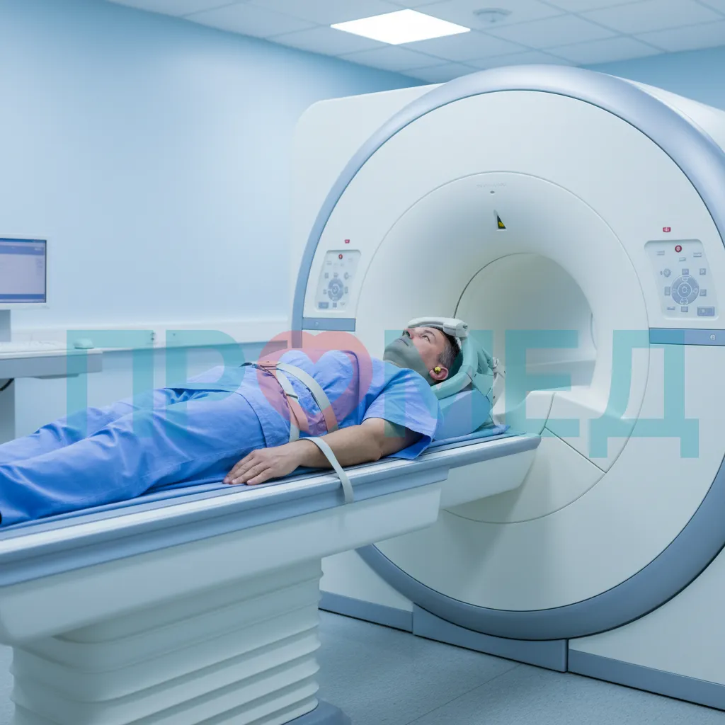 Пациент лежит на столе МР-томографа перед началом сканирования.
