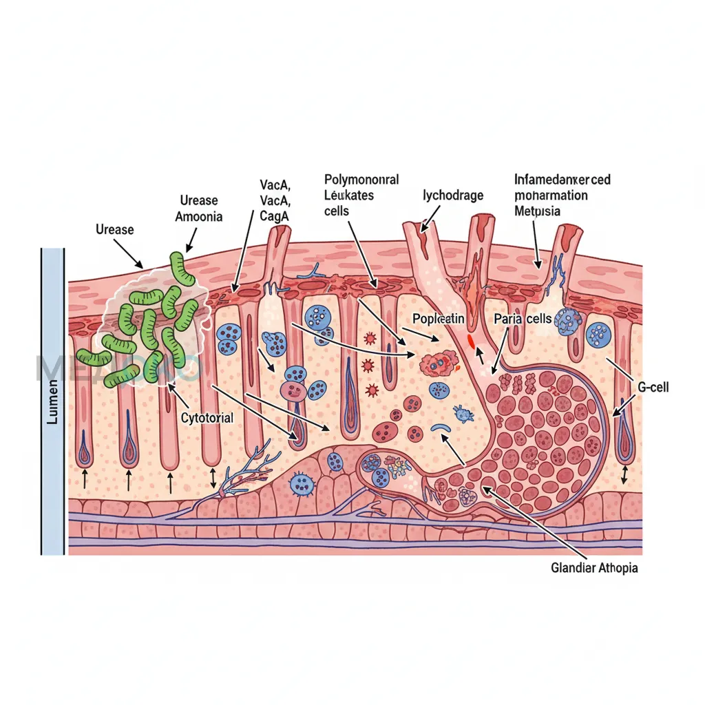 Схематическое изображение патогенеза H. pylori-ассоциированного гастрита.