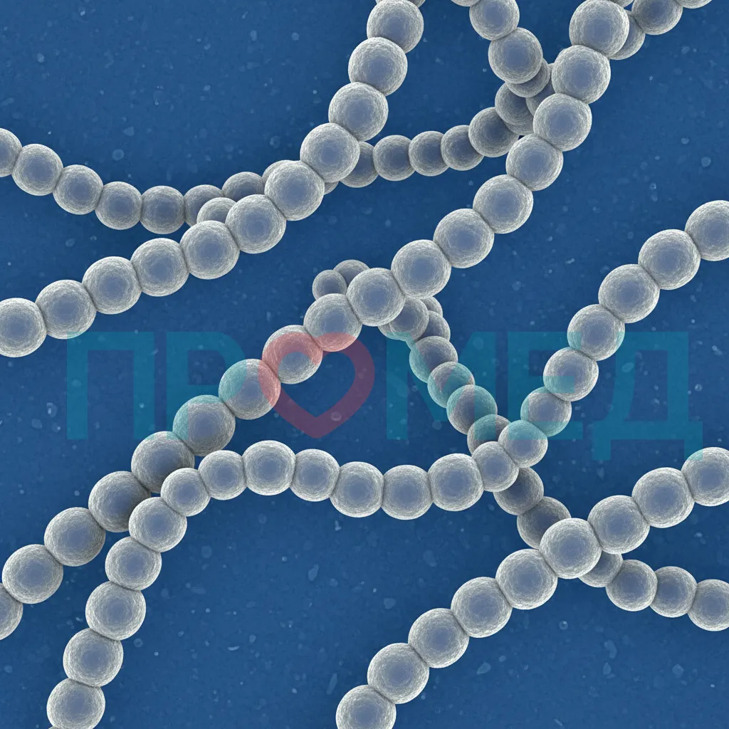  Микроскопическое изображение Streptococcus salivarius K12 в виде цепочек кокков.