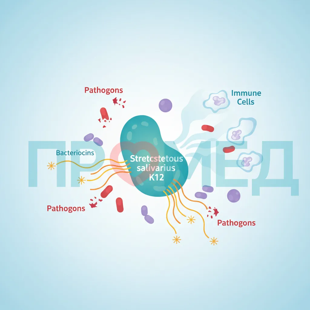  Схема, показывающая, как Streptococcus salivarius K12 конкурирует с патогенами, продуцирует бактериоцины и взаимодействует с иммунными клетками.