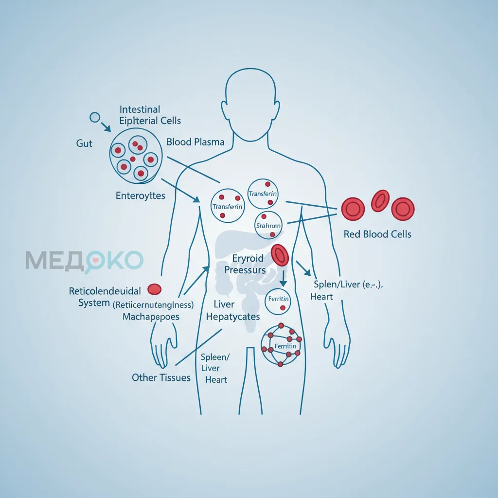 Схематическое изображение метаболизма железа в организме человека. 