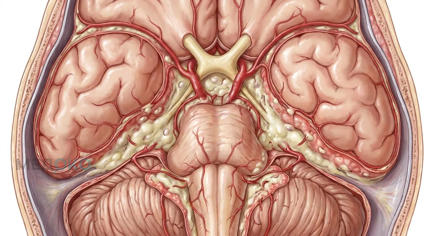 Строение мозговых оболочек и локализация воспаления на основании мозга при туберкулёзном менингите
