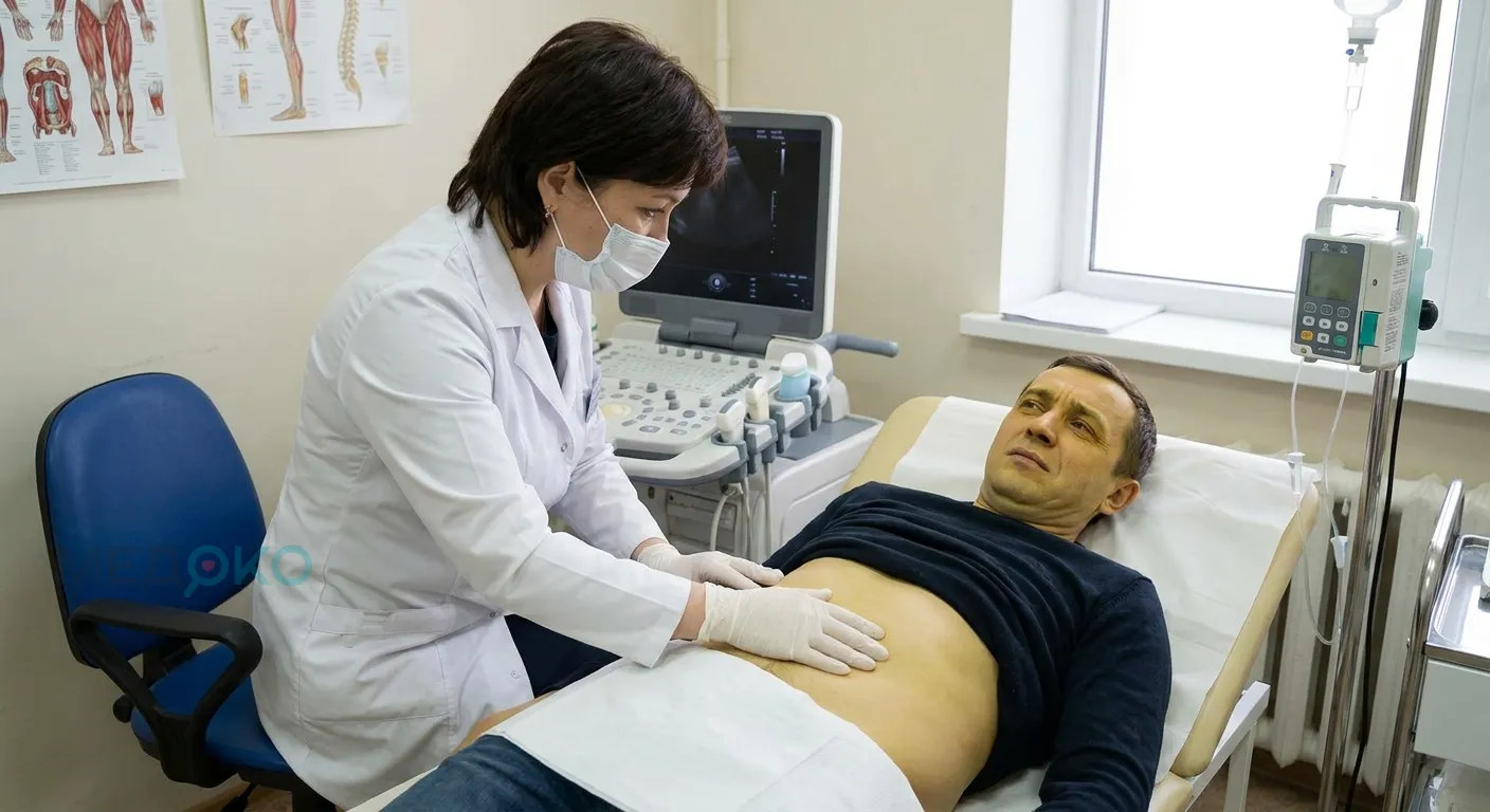 Врач осматривает пациента с подозрением на амфотерицин-индуцированный гепатит