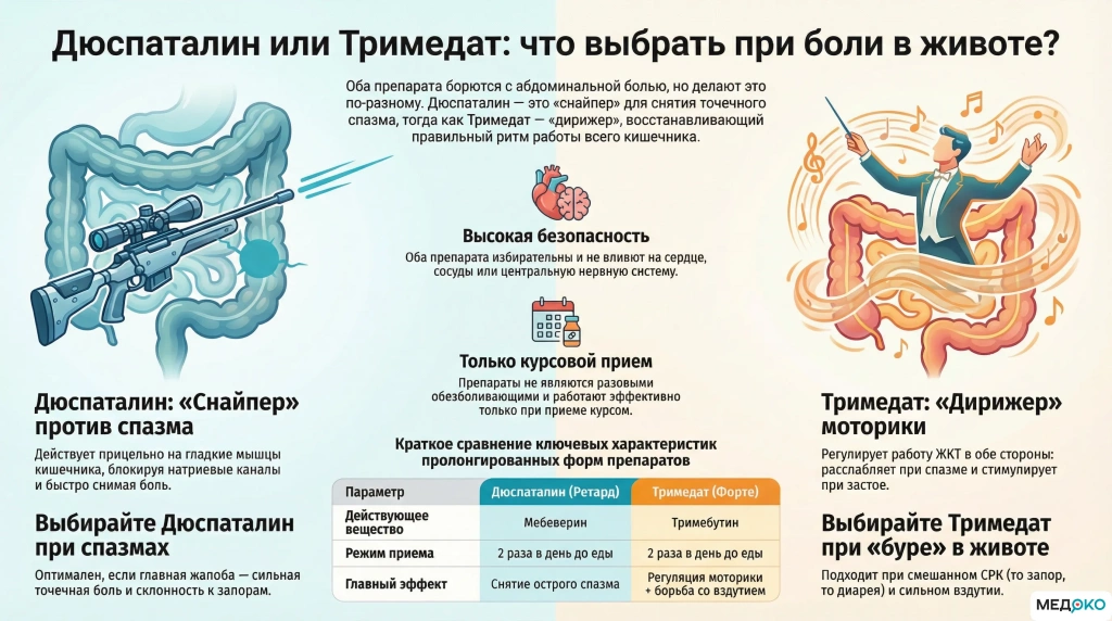 Дюспаталин vs Тримедат: наглядная шпаргалка по выбору препарата при СРК