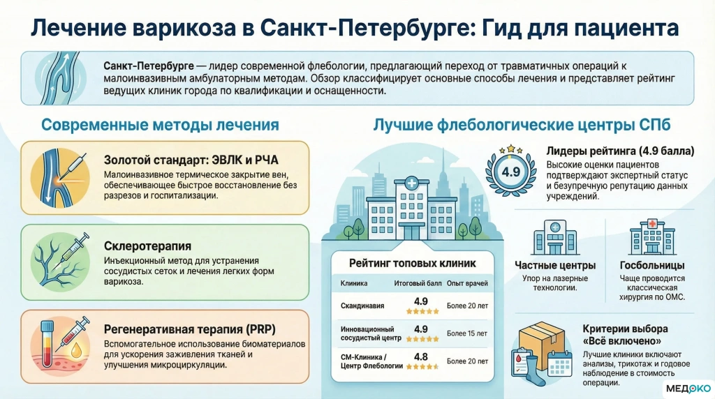Сравнение методов лечения варикоза и независимый рейтинг флебологических клиник Санкт-Петербурга