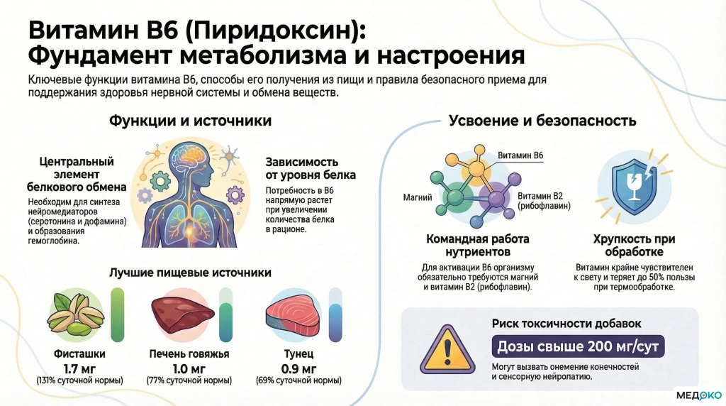 Полный гид по витамину B6 (Пиридоксину): Функции, суточные нормы, источники и правила усвоения Полный гид по витамину B6 (Пиридоксину): Функции, суточные нормы, источники и правила усвоения